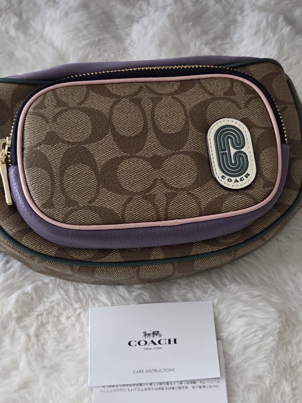 Coach Signature Canvas Belt Bag in Brown with Purple & Pink Trim
